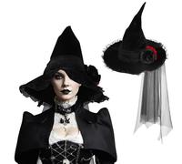 Women Witch Hat with Rose Mesh Velvet Wizard Hat Fancy Dress Veil Witch Pointed Hat Black Witch Hat Halloween Top Hat Modern Witch Hat Baroque Headwear Carnival Cosplay Party Costume Accessories