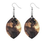 Women Witch Riding A Broom Wooden Earrings Lightweight Dangle Earrings Geometric Drop Earring Vintage Apricot Retro Daily Wear Jewelry Gift for Wedding Party Graduation