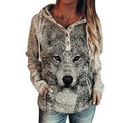 Women Wolf Print Hoodie - Animal Print Hooded Sweatshirt Owl Pattern Long Sleeve Pullover Top with Pocket