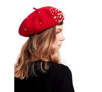 Women Wool Beret Hat, Classic French Style Artist Hat, Solid Color Chic Winter Warm Cap for Girls, Red and Rhinestone, M