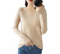 Women Wool Blend Knit Sweater V-Neck Diamond Grid Pullover Top Cashmere Sweater Lighttan XXL