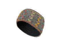 Women Wool Ear Warmer Headband Fleece Lined Handknitted Flower Embroidered Grey One-Size Handmade Pachamama Fair Trade