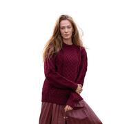 Women Wool Sweater Cable Knit Fisherman Pullover - 100% Virgin Wool, Made in Ireland, Wine, M