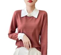 Women Wool Sweater Split Pullover Winter Fake Two Piece Long Sleeve Basis Tops Hawthorn Red L