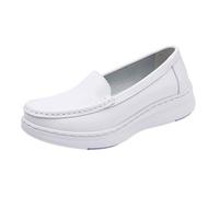 Women Work Nurse Shoes, Lightweight Breathable Walking Soft Bottom Slip-On Leather Flats Nurse Shoes, Non-Slip Platform Orthopedic Sneakers, for Medical, Workers, Teacher(White-Purple,7.5 UK)
