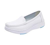 Women Work Nurse Shoes, Lightweight Breathable Walking Soft Bottom Slip-On Leather Flats Nurse Shoes, Non-Slip Platform Orthopedic Sneakers, for Medical, Workers, Teacher(White-Blue,3.5 UK)