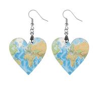 Women World Map Wooden Earrings Lightweight Dangle Earrings Geometric Drop Earring Vintage Heart-Shaped Retro Daily Wear Jewelry Gift for Wedding Party Graduation