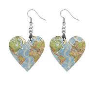 Women World Map Wooden Earrings Lightweight Dangle Earrings Geometric Drop Earring Vintage Heart-Shaped Retro Daily Wear Jewelry Gift for Wedding Party Graduation