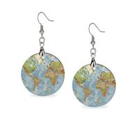 Women World Map Wooden Earrings Lightweight Dangle Earrings Geometric Drop Earring Vintage Round Retro Daily Wear Jewelry Gift for Wedding Party Graduation