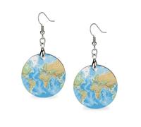 Women World Map Wooden Earrings Lightweight Dangle Earrings Geometric Drop Earring Vintage Round Retro Daily Wear Jewelry Gift for Wedding Party Graduation