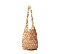 Women Woven hand bag summer design hollow-out tote bucket shoulder bag female Reticulate netted canvas beach handbag(Khaki)