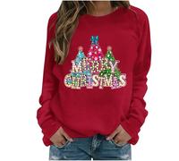 Women Xmas Sweatshirt Christmas Tree Graphic Jumper Ladies Raglan Sleeve Pullover Merry Christmas Printed Blouse Warm Ribbed Cuffs Tops Christmas Funny Novelty Shirt Warm Cozy Casual Wearable Jumpers