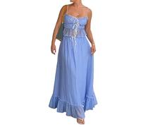 Women Y2k 2 Piece Maxi Skirt Set Spaghetti Strap Ruched Ruffle Camisole Flowy Long Skirt Set Summer Beachwear(AA1-Blue,M)