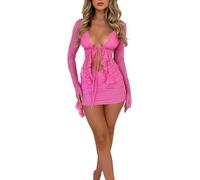 Women Y2k 2 Piece Outfit Set Sexy Lace Low-Cut Tie-Up Front Ruffles Crop Tops High Waist Bodycon Mini Skirt Set (A-Pink, S)