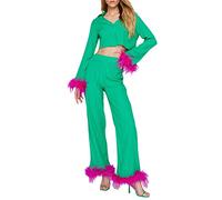 Women Y2K 2 Piece Pants Set Button Down Feather Trim Long Sleeve Shirt High Waist Wide Leg Palazzo Pants Outfits Loungewear (Green, X-Large)