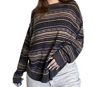Women Y2K Argyle Striped Pullover Sweater Casual Long Sleeve Round Neck Vintage Preppy Style Pullover Knitwear, Brown-a, L