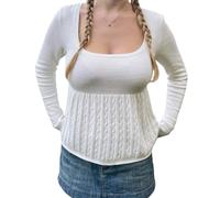 Women Y2k Babydoll Sweater Fairy Knitted Long Sleeve Pleated Flowy Peplum Tops 90S Harajuku Vintage Streetwear, Cable Knit White, Small