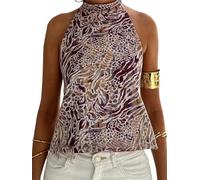 Women Y2k Backless Halter Top Silk Satin Mock Neck Boho Dots Floral Print Tank Tops Open Back Aesthetic Going Out Club Party Top (A-Light Brown, S)