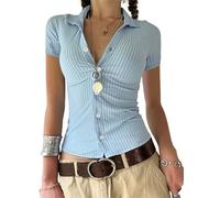 Women Y2k Basic Button Down Shirts Cap Sleeve Lapel Collar Tight Office Business Blouse 90s Slim Fit Ruched Tie Back Shirts (C-Blue, S)