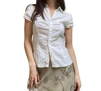 Women Y2k Basic Button Down Shirts Cap Sleeve Lapel Collar Tight Office Business Blouse 90s Slim Fit Ruched Tie Back Shirts (A-White, S)