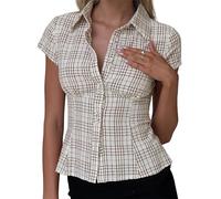 Women Y2k Basic Button Down Shirts Cap Sleeve Lapel Collar Tight Office Business Blouse 90s Slim Fit Ruched Tie Back Shirts (D-Coffee, S)