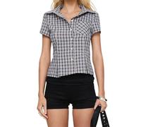 Women Y2k Basic Button Down Shirts Cap Sleeve Lapel Collar Tight Office Business Blouse 90s Slim Fit Ruched Tie Back Shirts (G-Navy Blue, M)