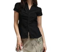 Women Y2k Basic Button Down Shirts Cap Sleeve Lapel Collar Tight Office Business Blouse 90s Slim Fit Ruched Tie Back Shirts (A-Black, M)