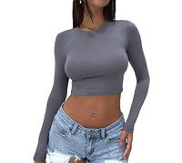 Women Y2K Basic Long Sleeve Crop Top Ruched Solid Slim Fit Round Neck Tee Top Fall Spring Clean Fit Blouse Streetwear
