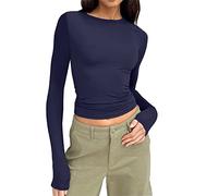 Women Y2k Basic Long Sleeve Top Crop Top Stretchy Vintage Party Tight Basic T-Shirts Crop Tops Round Neck Lightweight Classic Plain Skinny Women's Basic Long Sleeve Shirt Party Pops
