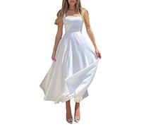 Women Y2K Boho Bustier Maxi Dress Sleeveless Strappy Square Neck Backless Vintage Swing A-Line Midi Dress Beach Sundress (White, M)