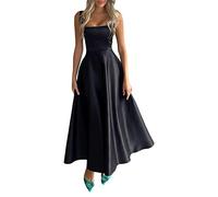 Women Y2K Boho Bustier Maxi Dress Sleeveless Strappy Square Neck Backless Vintage Swing A-Line Midi Dress Beach Sundress (Black, S)