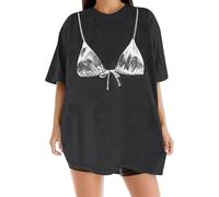 Women Y2k Bra Print Shirt Top Crewneck Short Sleeve Oversized Tee Graphic Bikini Funny Tshirts Coquette Clothes (Black, S)