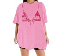 Women Y2k Bra Print Shirt Top Crewneck Short Sleeve Oversized Tee Graphic Bikini Funny Tshirts Coquette Clothes (Pink, L)