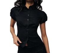 Women Y2K Button Down Fitted Shirt Short Sleeve Lapel Collar Blouse Shirt V Neck Coquette Going Out Top