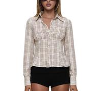 Women Y2K Button Down Shirt Long Sleeve Lapel Collar Plaid Print Fitted Crop Top Vintage Gingham Blouse Streetwear, A-khaki, M