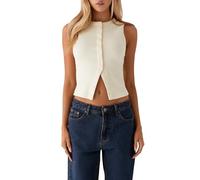 Women Y2k Button Down Tank Tops Solid Color Sleeveless Ribbed Fitted Vest Slim Fit Crop Going Out Tops Streetwear (A-Beige, L)