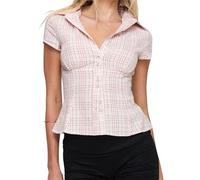 Women Y2K Button Down V-Neck Shirt Gingham Tee Summer Slim Lapel Peplum Short Sleeve Plaid Crop Tops Streetwear (A Pink, S)