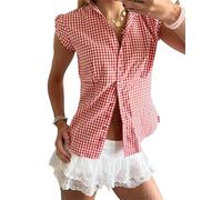 Women Y2K Button Down V-Neck Shirt Gingham Tee Summer Slim Lapel Peplum Short Sleeve Plaid Crop Tops Streetwear (D Red, S)