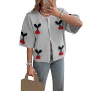 Women Y2k Cherry Knit Cardigan Cute Half Sleeve Button Down Open Front Cherry Sweaters Kawaii Cable Knit Sweater Streetwear (A-Gray, L)