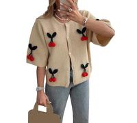 Women Y2k Cherry Knit Cardigan Cute Half Sleeve Button Down Open Front Cherry Sweaters Kawaii Cable Knit Sweater Streetwear (A-Beige, M)