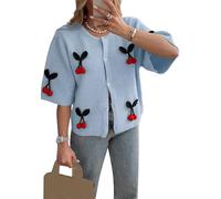 Women Y2k Cherry Knit Cardigan Cute Half Sleeve Button Down Open Front Cherry Sweaters Kawaii Cable Knit Sweater Streetwear (A-Blue, S)