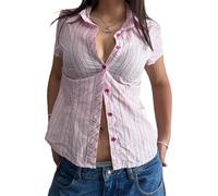 Women Y2K Collared Button-up V-Neck Shirt Gingham Tee Summer Lapel Peplum Short Sleeve Plaid Crop Tops Streetwear (E Rose Red, S)