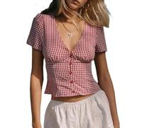 Women Y2k Coquette Button Down Shirt Cute Button Up Cap Sleeve V Neck Preppy Slim Fit Summer 90s Crop Top Blouse, Rose Bloom, M