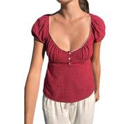 Women Y2K Coquette Milkmaid Crop Top Short Sleeve Button Ruffle Hem Babydoll T-Shirt Fairy Cottage Going Out Tops, I Red, M
