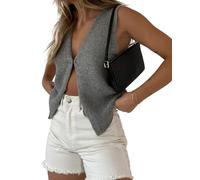 Women Y2k Crochet Vest Top Sleeveless V Neck Hollow Out Open Front Tie-Up Button Down Crop Tops Cardigan Crochet Knit Tank Vest (A-Gray, S)