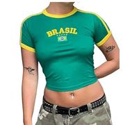 Women Y2K Crop T-Shirt Brasil Letter Crew Neck Short Sleeve Slim Fit Baby Tee Contrast Color Flag Graphic Top Streetwear (Emerald Green B, S)