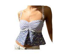 Women Y2K Crop Tank Top Plaid Print Button Down Ruffle Trim Spaghetti Strap Vest Backless Lace Up Gingham Graphic Camisole (Blue H, L)