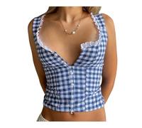 Women Y2K Crop Tank Top Plaid Print Button Down Ruffle Trim Spaghetti Strap Vest Backless Lace Up Gingham Graphic Camisole (Blue A, L)