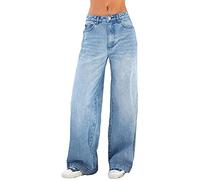 Women Y2K Fashion Casual Distressed Jeans,Girls High Waist Wide Leg Straight Ripped Pants Denim Baggy Trousers Streetwear with Pocket (Color : Blue, Size : M)
