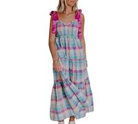 Women Y2K Floral Flowy Long Maxi Dress Tie Shoulder Spaghetti Strap Smocked Tiered Boho Swing A-line Dress (e-Lavender, M)